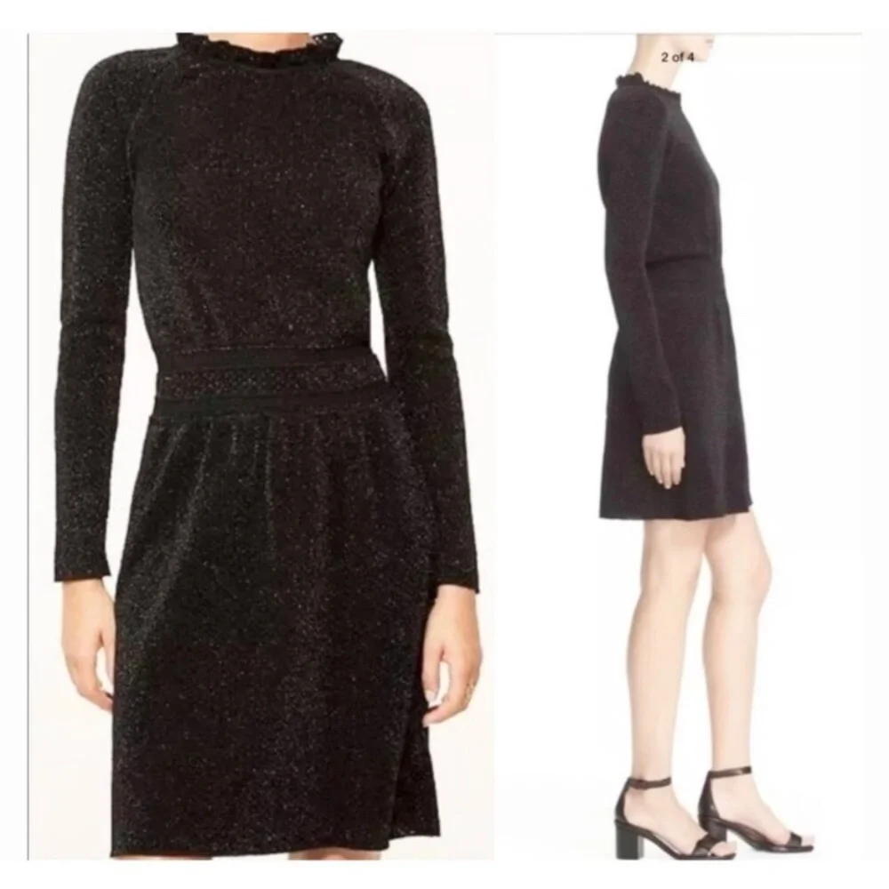 Tory Burch Black Isabelle Wool Knit Dress XS‎ Sweater Semi Sheer Ruffle Neck